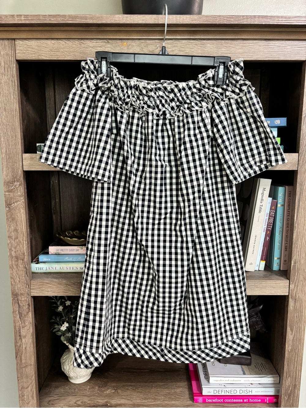 Vineyard Vines Black & White Gingham Off-Shoulder Dress, Size XS